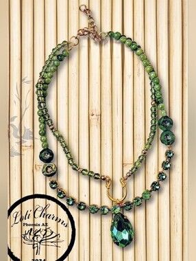 Green Crystals & Jade Pendant  Two Strand Necklace In Yellow Gold